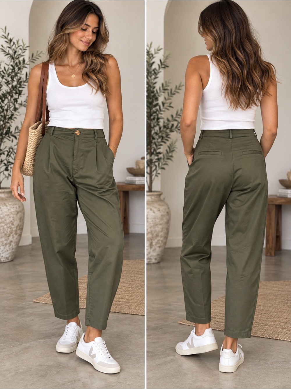 ZARA Barrel Pants Olive Green High Rise Pleated Tapered Size 6